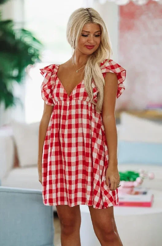 To Be Loved By You Plaid Babydoll Dress - Red and White