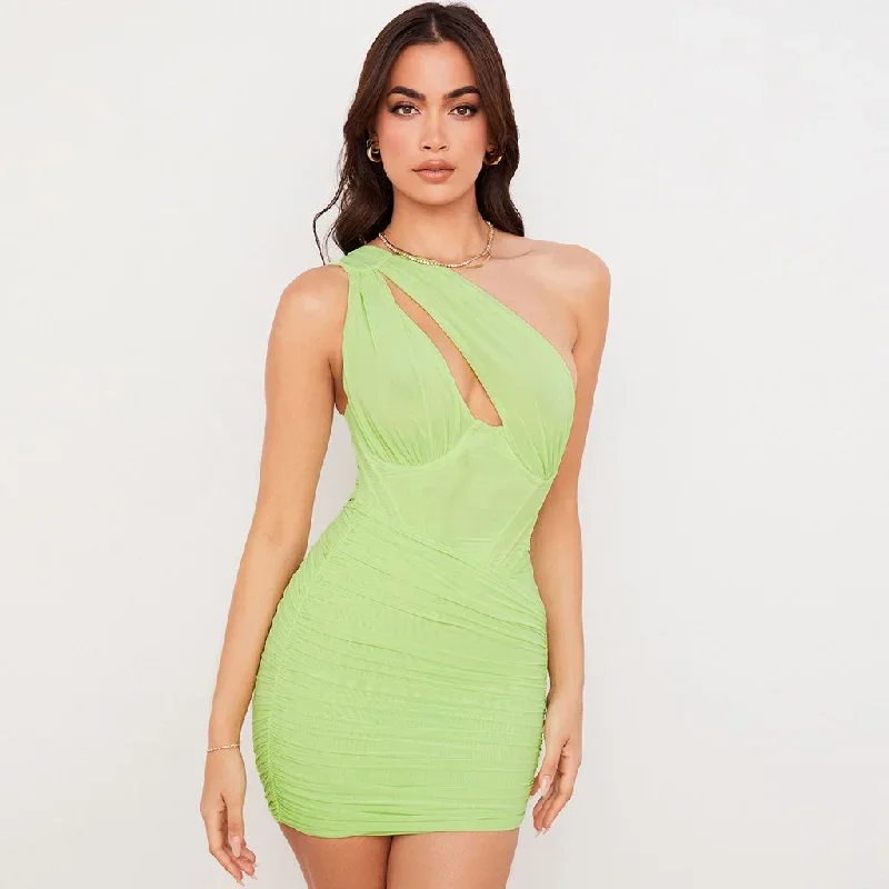 BerryBetty - Trendy One Shoulder Cut Out Ruched Mesh Party Mini Dress - Green