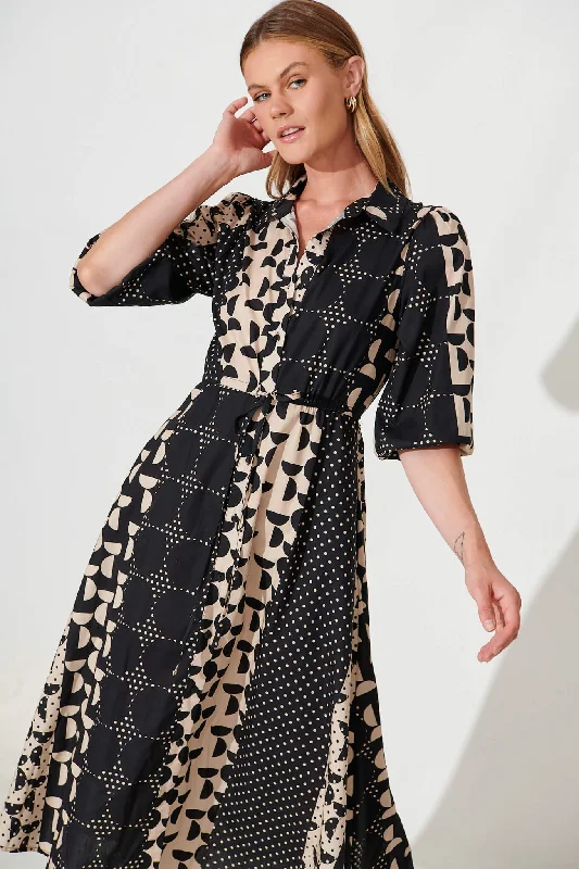 twain-midi-shirt-dress-in-black-with-beige-geometric-spot-cotton