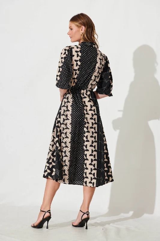 twain-midi-shirt-dress-in-black-with-beige-geometric-spot-cotton