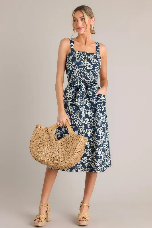 Twilight Blossom Navy Tropical Print 100% Cotton Midi Dress