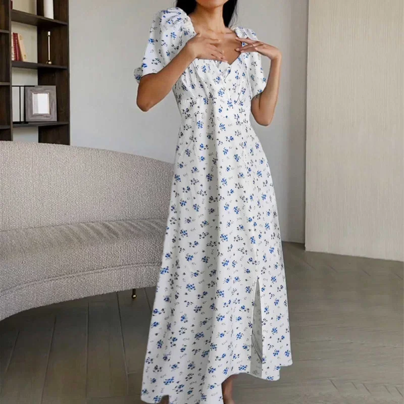 JuliaFashion - 2024 Vintage Floral Print Chiffon Maxi Dress