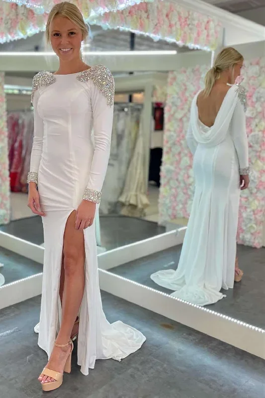 White Open Back Long Sleeve Beaded Formal Dress with Slit