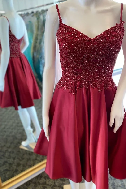 Wine Red Appliques Backless A-Line Cocktail Gown