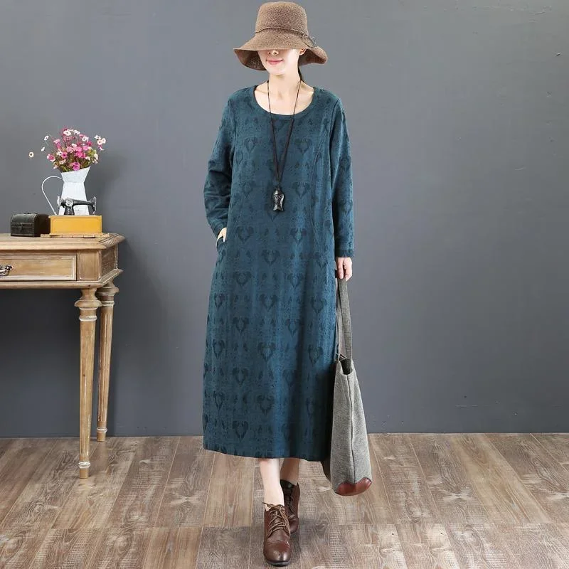 women green cotton maxi dress plus size clothing prints traveling dress top quality o neck kaftans