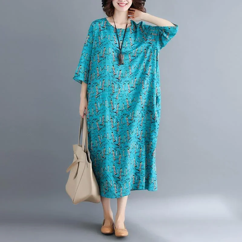 Women Green Print Long Cotton Linen Dress Plus Size O-Neck Baggy Dresses Elegant Three Quarter Sleeve Cotton Linen Dresses