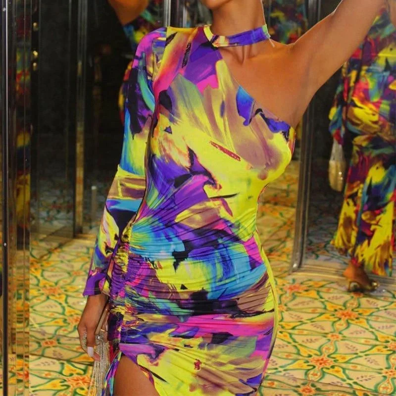 women-one-shoulder-slit-long-maxi-dress-chocker-neck-ruched-party-dress-long-sleeve-colorful-print-bodycon-stretchy-dresses