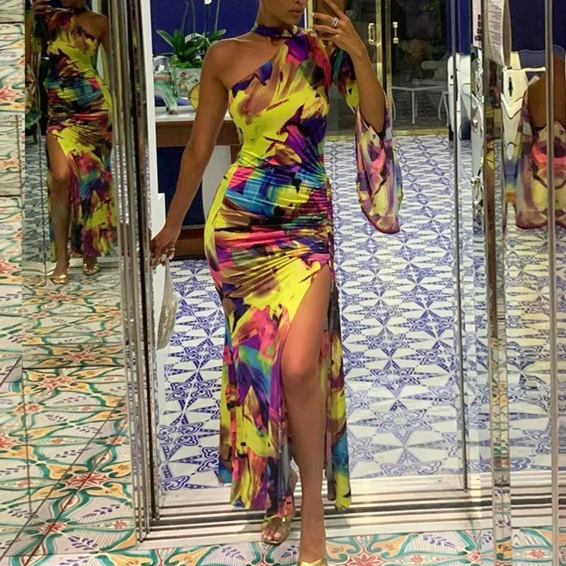 women-one-shoulder-slit-long-maxi-dress-chocker-neck-ruched-party-dress-long-sleeve-colorful-print-bodycon-stretchy-dresses