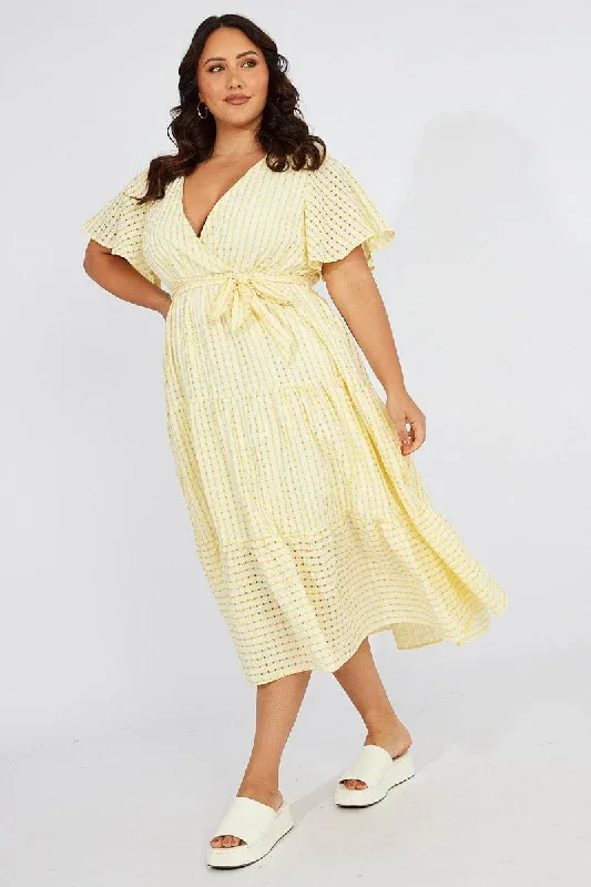 Yellow Check Wrap Midi Dress