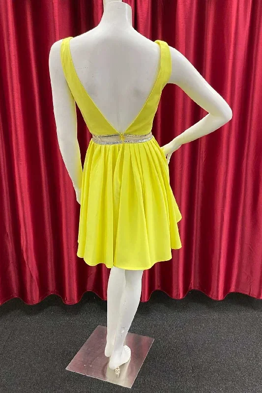 yellow-v-neck-backless-belted-a-line-short-party-dress