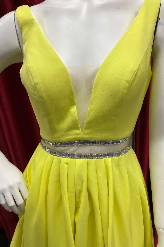 yellow-v-neck-backless-belted-a-line-short-party-dress