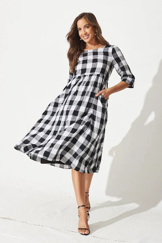 Zara Midi Dress In Black With White Gingham