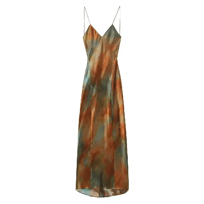 Sexy V Neck Gradual Color Print Sling Midi Dress